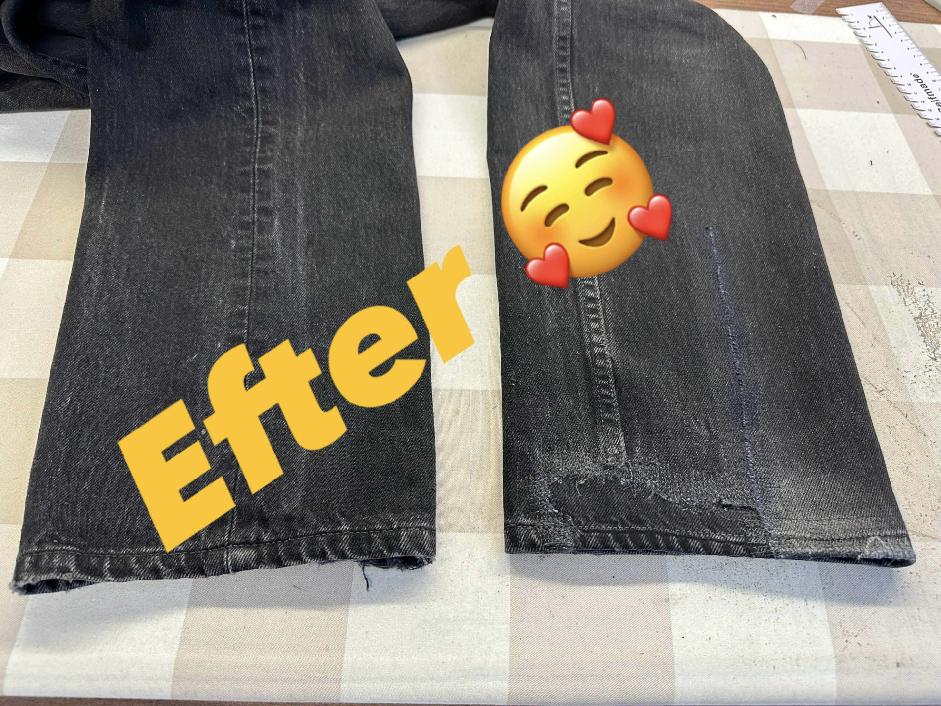 Samma jeans efter lagning med nya fållar