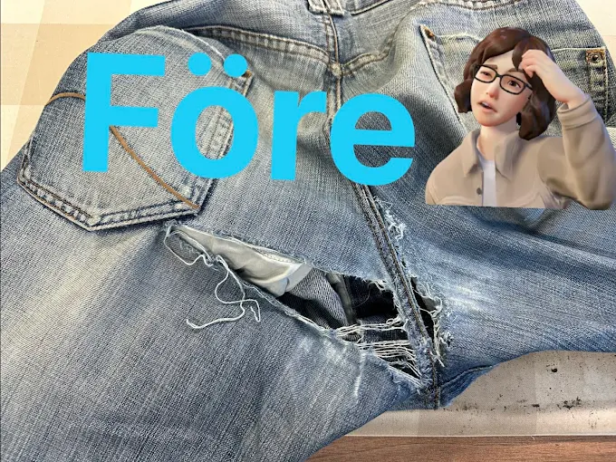 Jeans med stort hål i grenen före lagning