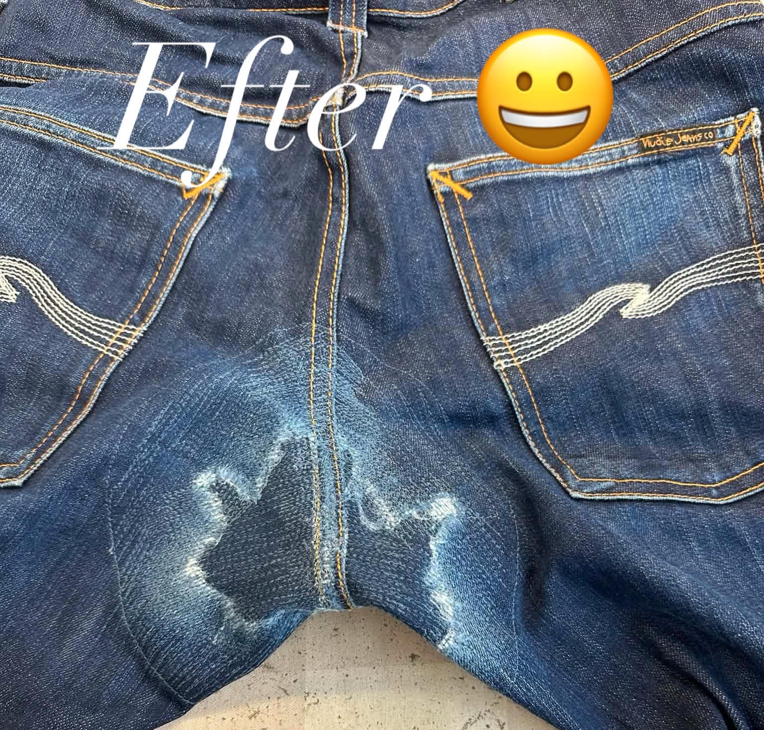 Samma jeans efter lagning, hålen är igensydda