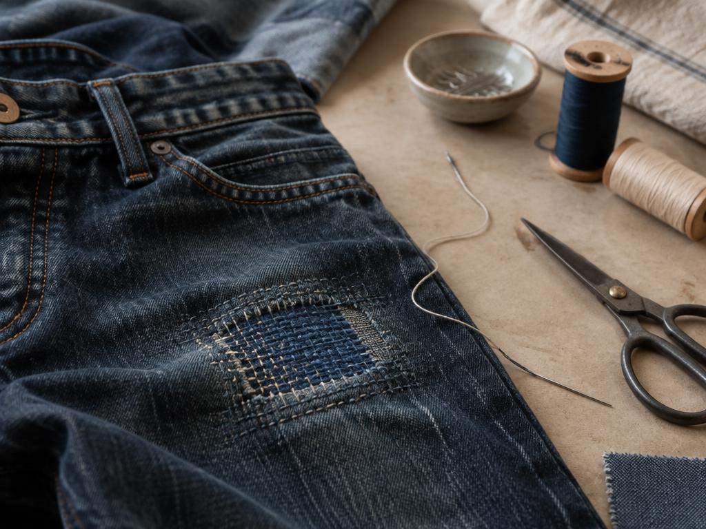Jeans som lagats för hand med synlig sömm i denim